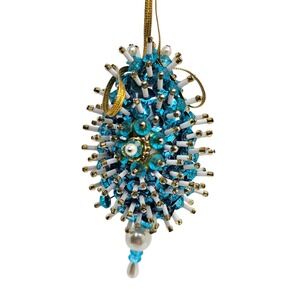 VINTAGE Mini Beaded Turquoise Multi Colored Hanging Christmas Ornament 3.5"T